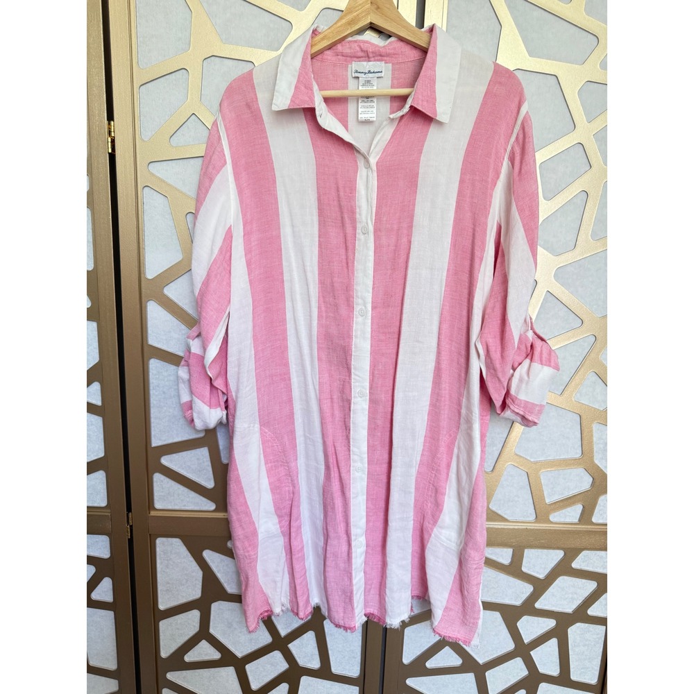 Tommy Bahama Pink White Striped Linen Blend Button Down Shirt Dress XL Coastal